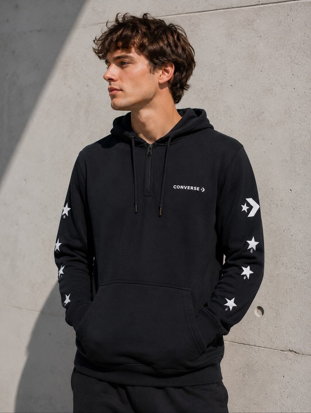 Converse Men's Black Half-Zip Hoodie with White Star Sleeve Graphics